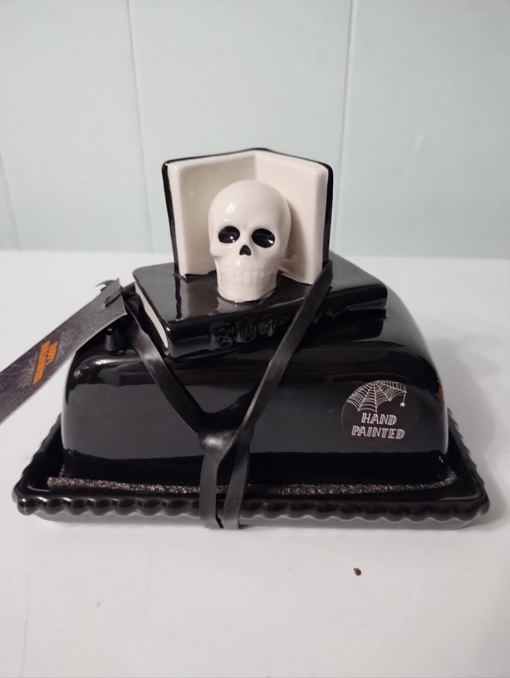 NWT Cobwebs And Cauldrons Halloween Coffin Butter Dish